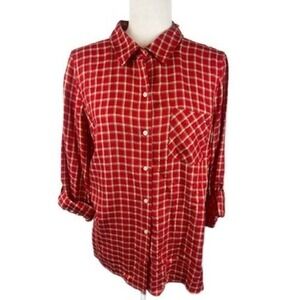 Tommy Hilfiger Womens Plaid Button Down Shirt Medium Red Gold‎ Size Medium